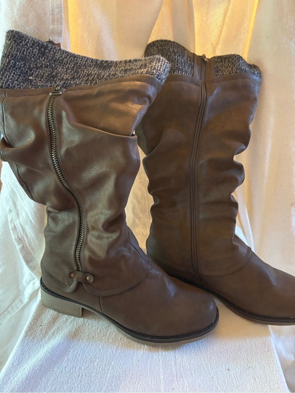 Muk Luks Brown Knit-Cuff Mid-Calf Heeled Boots